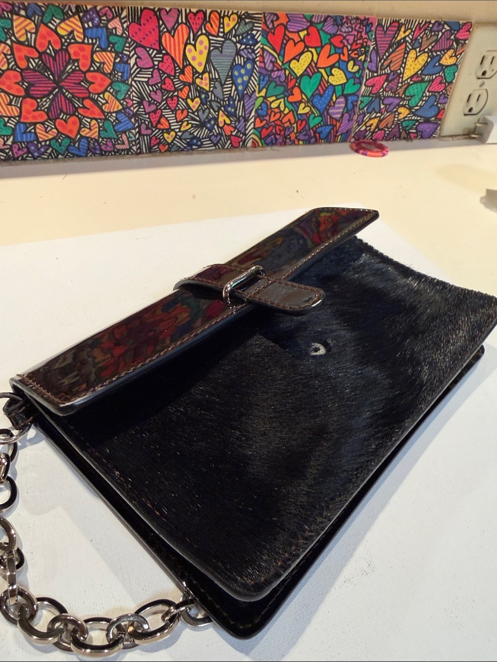Furla Black Patent Leather Flap Bag Silver Chain Handle